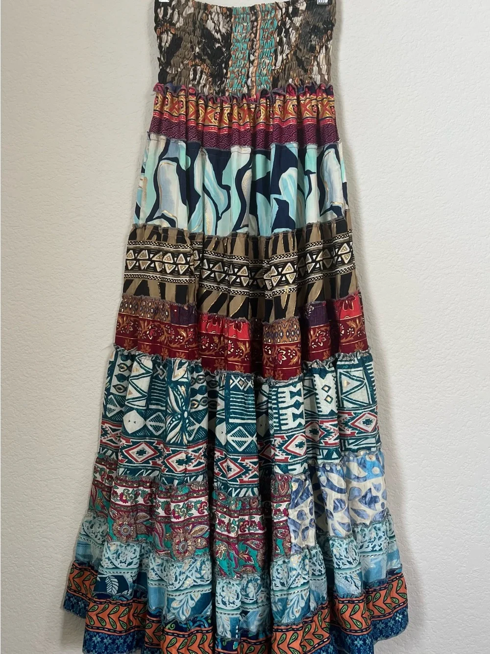 Recycled Silk Blend Floral Patchwork Tiered Ruffle Skirt Free Size Gypsy Boho